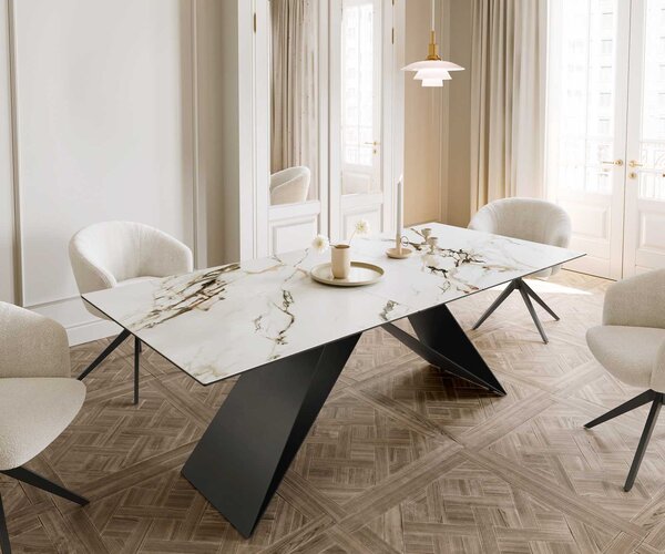 DELIFE Jídelní stůl Edge 180-220x100 keramika Calacatta Luxe bílá-zlatá-šedá podnož ve tvaru V plochá ocel černá rozkládací