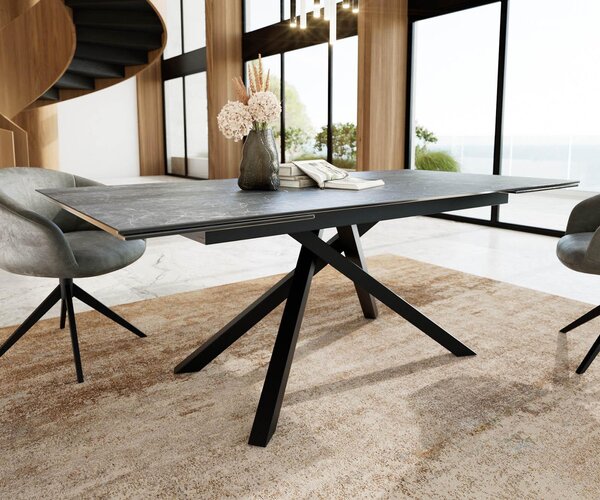 DELIFE Jídelní stůl Edge 200-300x100 keramika Laminam®Nero Greco antracitová křížová podnož obdélníkový černý rozkládací