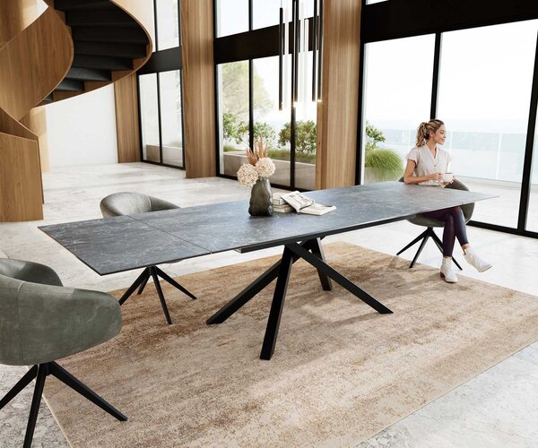 DELIFE Jídelní stůl Edge 200-300x100 keramika Laminam®Nero Greco antracitová křížová podnož obdélníkový černý rozkládací
