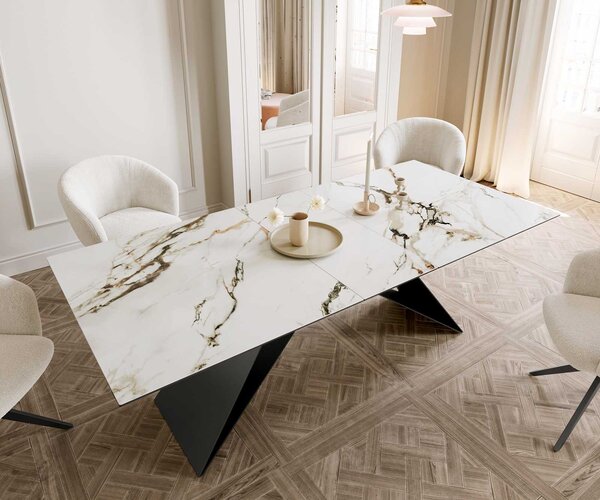 DELIFE Jídelní stůl Edge 180-220x100 keramika Calacatta Luxe bílá-zlatá-šedá podnož ve tvaru V plochá ocel černá rozkládací