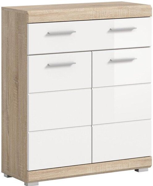 Komoda stojící, rozměry 74x88x31 cm - bílá, lesklá a světle dubová barva - moderní design - optimální úložný prostor