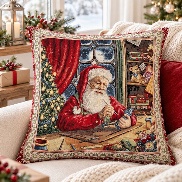 Gobelínový vánoční povlak na polštář s motivem Dílna Santy 45x45 cm
