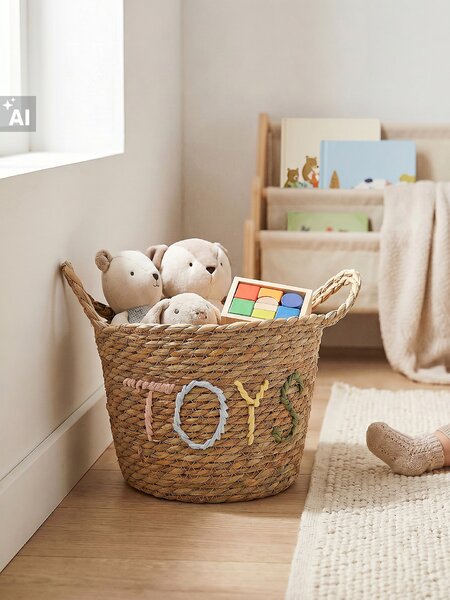 Sinsay - Pletený úložný koš s nápisem „Toys“ - béžová