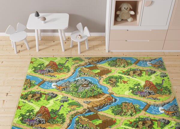 Kobercový ráj Dětský kusový koberec Dino Vesnička Dinosaurů zelený modrý Rozměr: 100x200 cm
