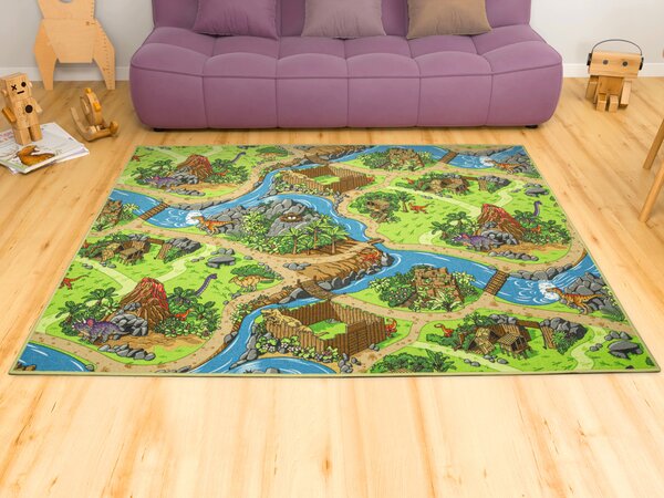 Kobercový ráj Dětský kusový koberec Dino Vesnička Dinosaurů zelený modrý Rozměr: 100x200 cm