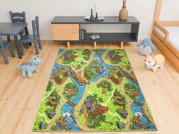 Kobercový ráj Dětský kusový koberec Dino Vesnička Dinosaurů zelený modrý Rozměr: 100x200 cm