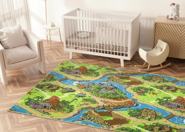Kobercový ráj Dětský kusový koberec Dino Vesnička Dinosaurů zelený modrý Rozměr: 100x200 cm