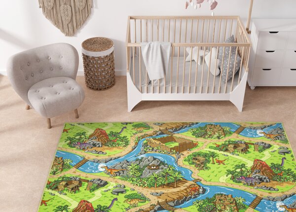 Kobercový ráj Dětský kusový koberec Dino Vesnička Dinosaurů zelený modrý Rozměr: 100x200 cm