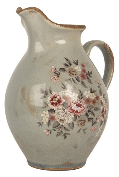 Zelený dekorační keramický džbán s květy Floria M - 21*16*24 cm - Clayre & Eef