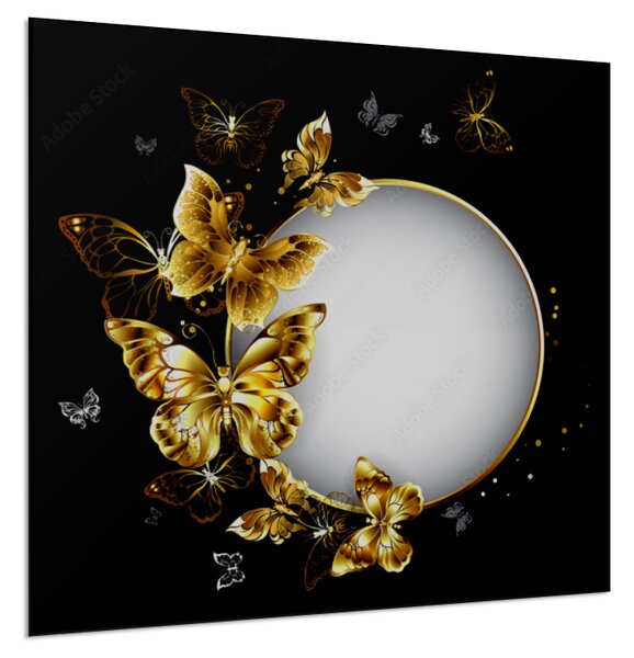 Obraz skleněný kulatý znak se zlatými motýly - 40 x 40 cm