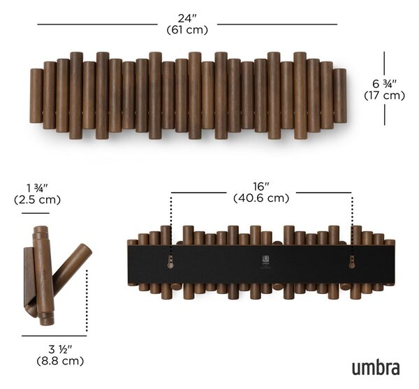 Tmavě hnědý nástěnný věšák z borovicového dřeva 61 cm Picket – Umbra
