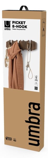 Tmavě hnědý nástěnný věšák z borovicového dřeva 61 cm Picket – Umbra