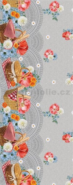 Ubrus PVC 185B, metráž, 20 m x 140 cm, vlčí máky s košíky, IMPOL TRADE