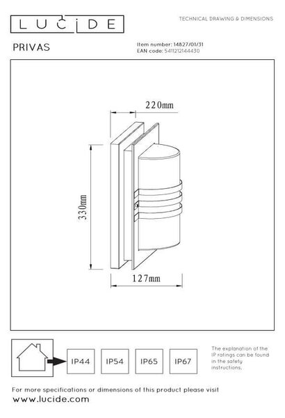 Lucide L148270131 venkovní nástěnné svítidlo PRIVAS E27