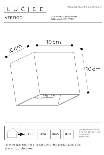 Lucide L272500631 LED venkovní nástěnné svítidlo VERTIGO | 6W integrovaný LED zdroj | 258lm | 2700K