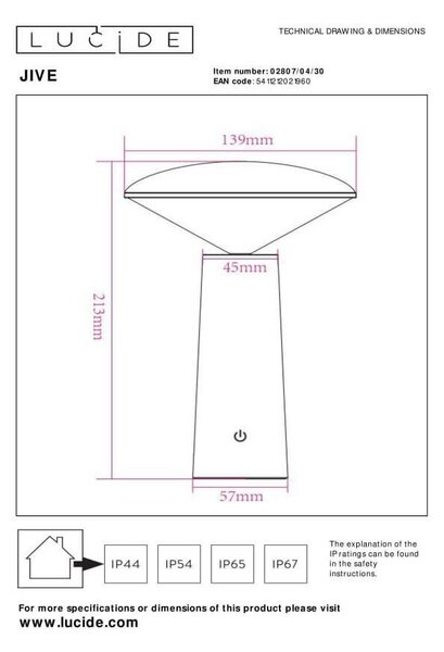 Lucide L028070430 LED venkovní stolní svítidlo JIVE | 3W integrovaný LED zdroj | 180lm