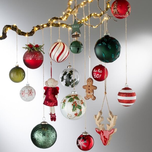 Set šesti červených skleněných a bílých vánočních ozdob J-Line Holly 8,5 cm