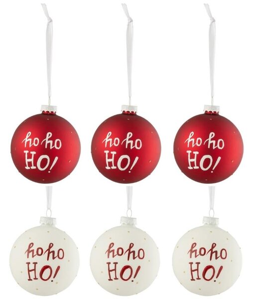 Set šesti červených skleněných a bílých vánočních ozdob J-Line Holly 8,5 cm