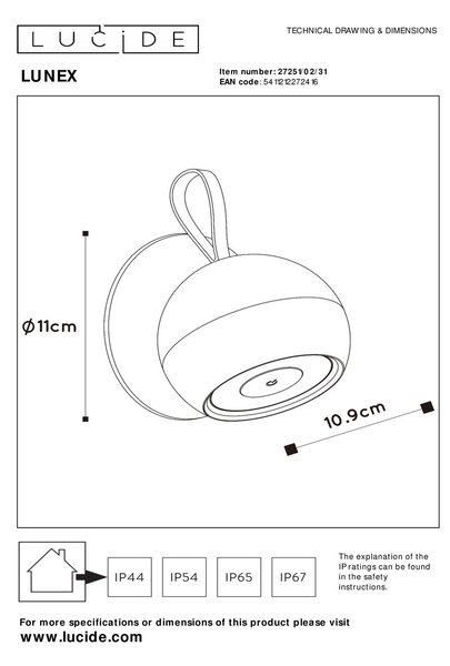 Lucide L272510231 LED venkovní nástěnné svítidlo LUNEX | 2W integrovaný LED zdroj | 163lm | 3000K