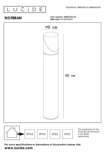 Lucide 15806/65/30 NORMAN exterierové sloupkové svítidlo E27 | IP65 - černá