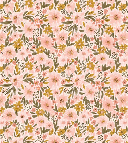 Obrazová tapeta s květinami a listy, růžová, zelená, 159630, Floral Fever, Esta Home