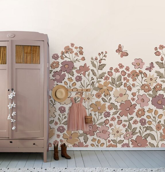 Dětská obrazová tapeta s květinami a motýly, krémová, růžová, 159586, Floral Fever, Esta Home