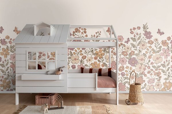 Dětská obrazová tapeta s květinami a motýly, krémová, růžová, 159586, Floral Fever, Esta Home