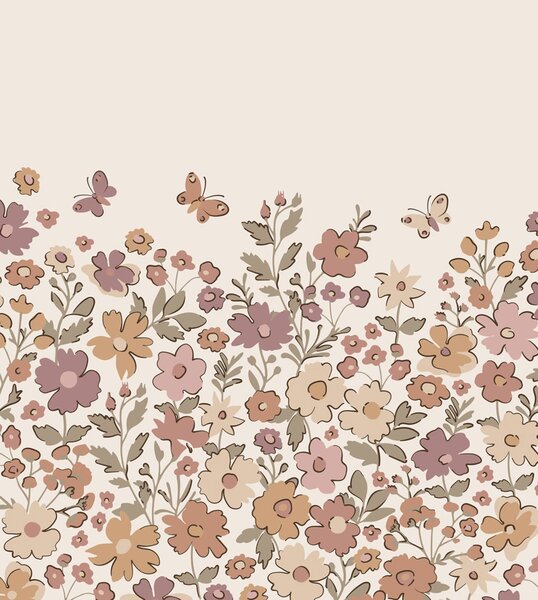 Dětská obrazová tapeta s květinami a motýly, krémová, růžová, 159586, Floral Fever, Esta Home