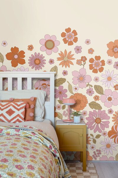 Obrazová tapeta s retro květinovým vzorem, krémová, 159592, Floral Fever, Esta Home