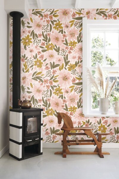 Obrazová tapeta s květinami a listy, růžová, zelená, 159630, Floral Fever, Esta Home