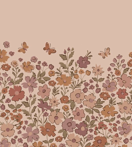 Dětská obrazová tapeta s květinami a motýly, starorůžová, oranžová, 159582, Floral Fever, Esta Home