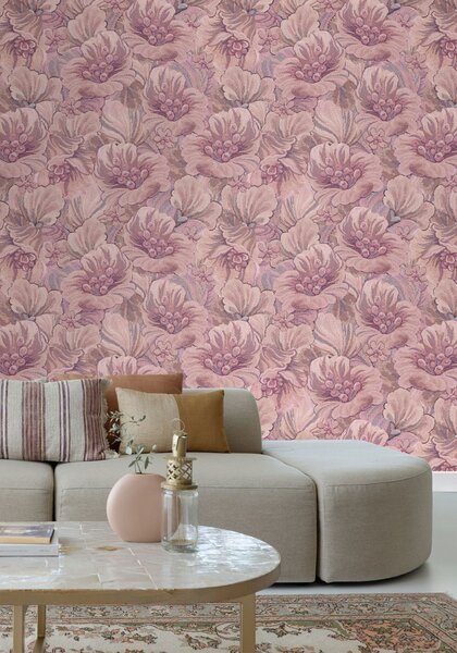 Obrazová tapeta s vyšívaným květinovým vzorem, růžová, fialová, 159532, Floral Fever, Esta Home