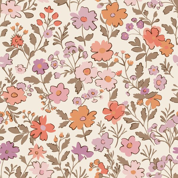 Dětská tapeta s květinami, fialová, oranžová, 131327, Floral Fever, Esta Home