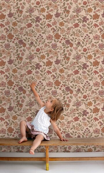 Dětská tapeta s květinami, růžová, béžovo-šedá (Taupe), 131321, Floral Fever, Esta Home