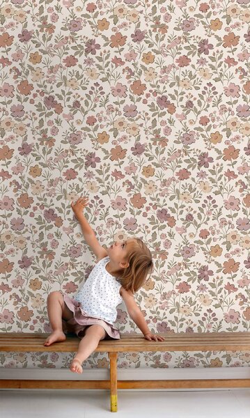 Dětská tapeta s květinami, fialová, šedo-zelená, 131328, Floral Fever, Esta Home