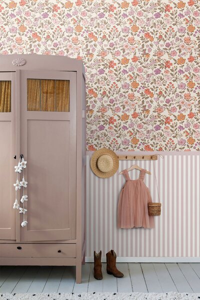 Dětská tapeta s květinami, fialová, oranžová, 131327, Floral Fever, Esta Home