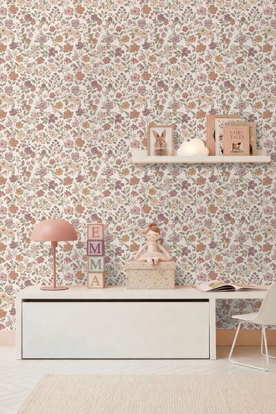 Dětská tapeta s květinami, fialová, šedo-zelená, 131328, Floral Fever, Esta Home