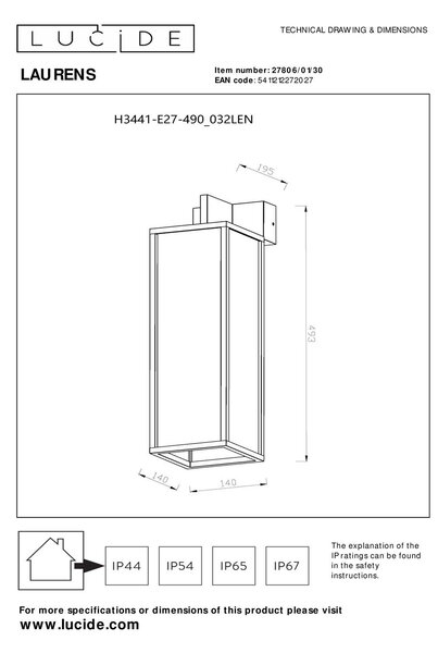 Lucide L278060130 venkovní nástěnné svítidlo LAURENS E27
