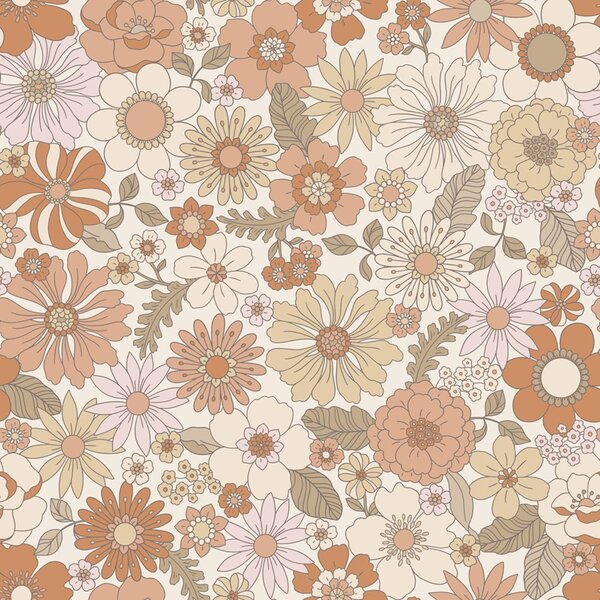 Tapeta s retro květinovým vzorem, krémová, růžovo-hnědá, 131247, Floral Fever, Esta Home