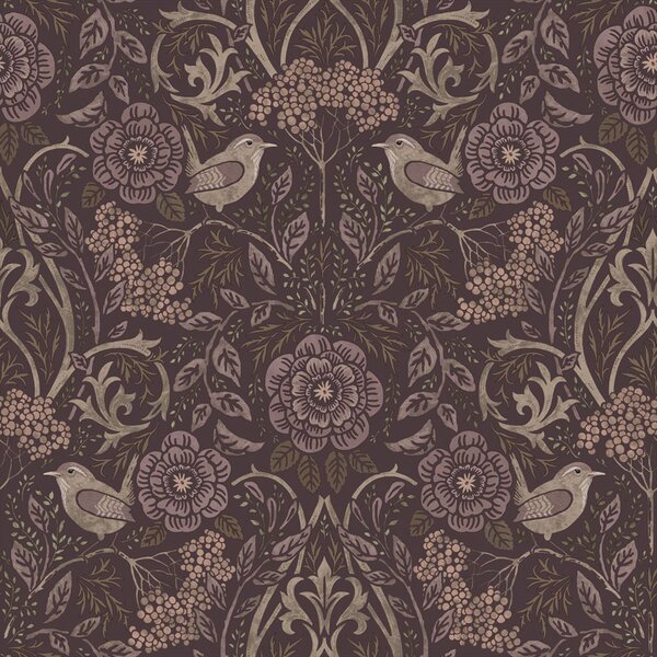 Tapeta s květinami a ptáky, purpurová fialová, 131208, Floral Fever, Esta Home