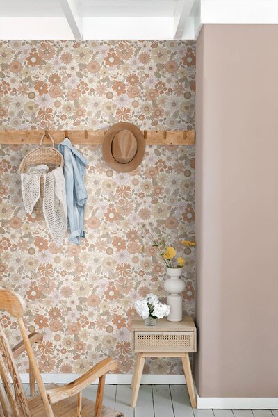 Tapeta s retro květinovým vzorem, krémová, růžovo-hnědá, 131247, Floral Fever, Esta Home