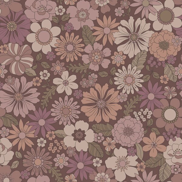 Tapeta s retro květinovým vzorem, fialová, růžová, 131135, Floral Fever, Esta Home