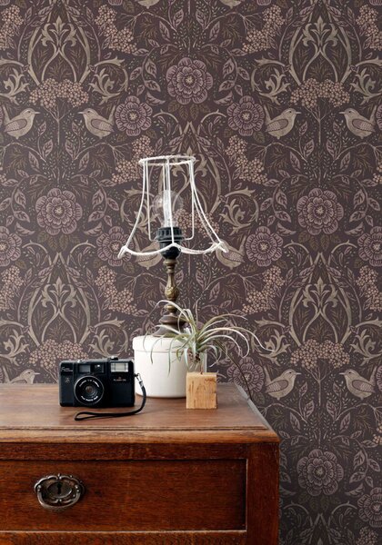 Tapeta s květinami a ptáky, purpurová fialová, 131208, Floral Fever, Esta Home