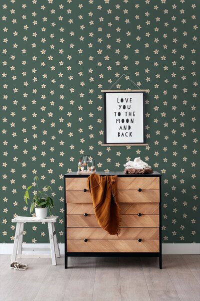 Dětská tapeta s květinami, lahvově zelená, 131116, Floral Fever, Esta Home