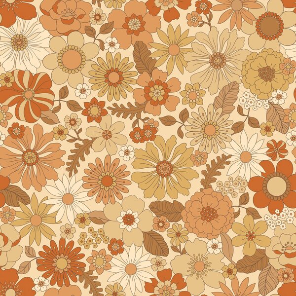 Tapeta s retro květinovým vzorem, žlutá, oranžová, 130963, Floral Fever, Esta Home
