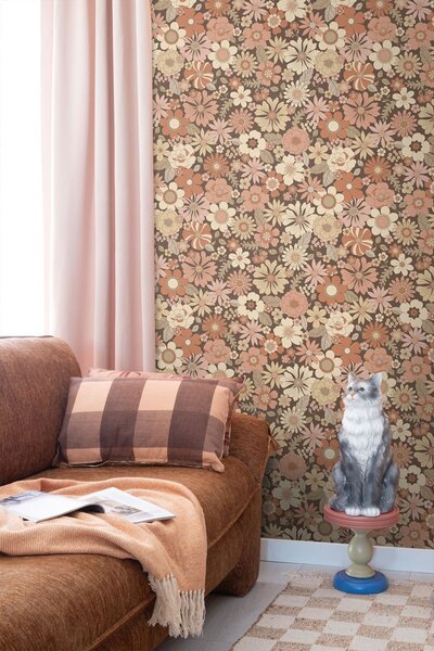 Tapeta s retro květinovým vzorem, hnědá, béžová, 130966, Floral Fever, Esta Home