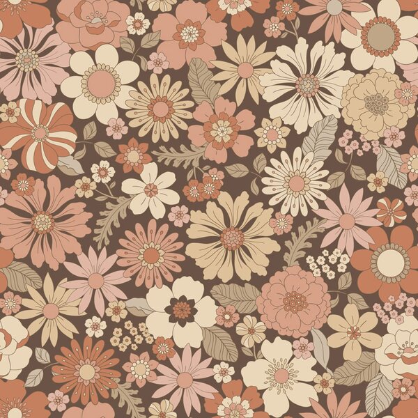 Tapeta s retro květinovým vzorem, hnědá, béžová, 130966, Floral Fever, Esta Home