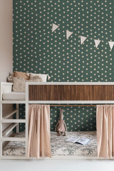 Dětská tapeta s květinami, lahvově zelená, 131116, Floral Fever, Esta Home