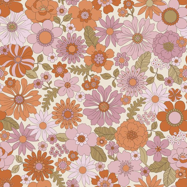 Tapeta s retro květinovým vzorem, bílá, oranžová, 130961, Floral Fever, Esta Home