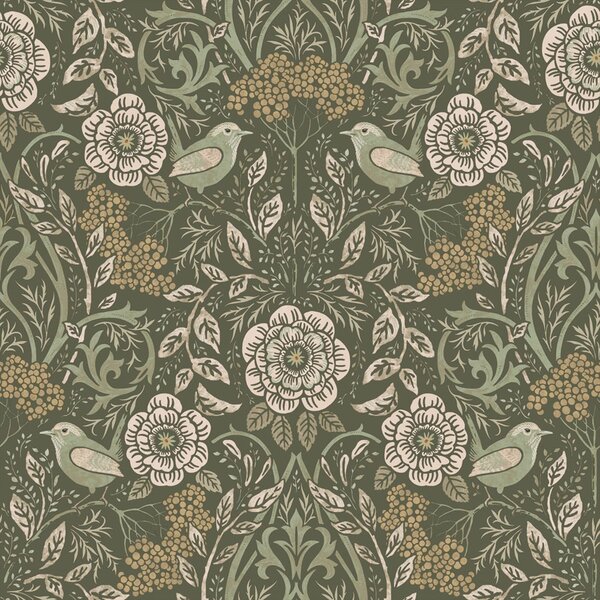 Tapeta s květinami a ptáky, zelená, 139831, Floral Fever, Esta Home